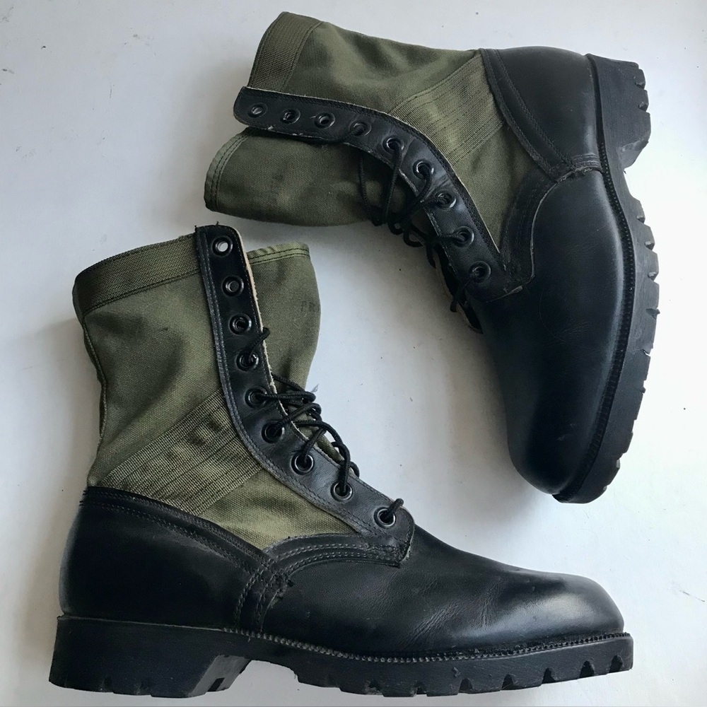 Army Combat Boots Men S-8 Black Leather Green Canvas Vibram EUC